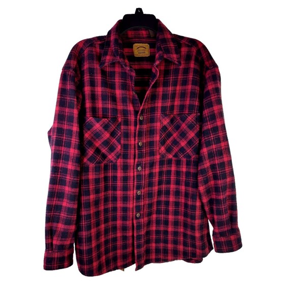 Mens Heavyweight Red Black Plaid Flannel Shirt Sz L Pocket Button St. John's Bay - Picture 2 of 8